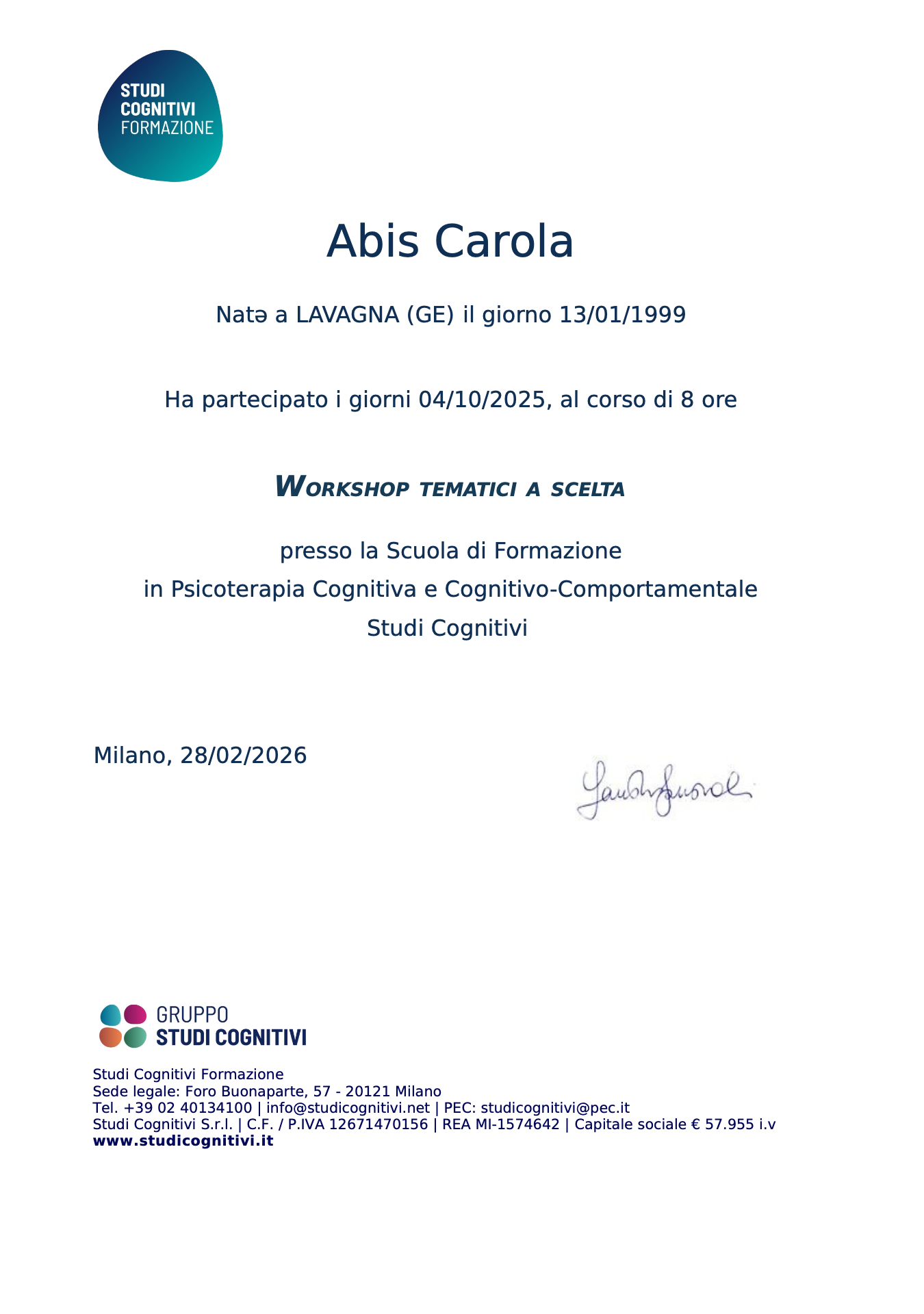 Workshop tematici a scelta — attestato di Carola Abis
